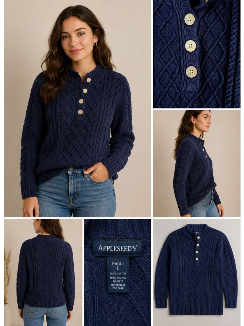 Appleseed's navy blue cable-knit henley sweater Size Petite L Fisherman Vintage